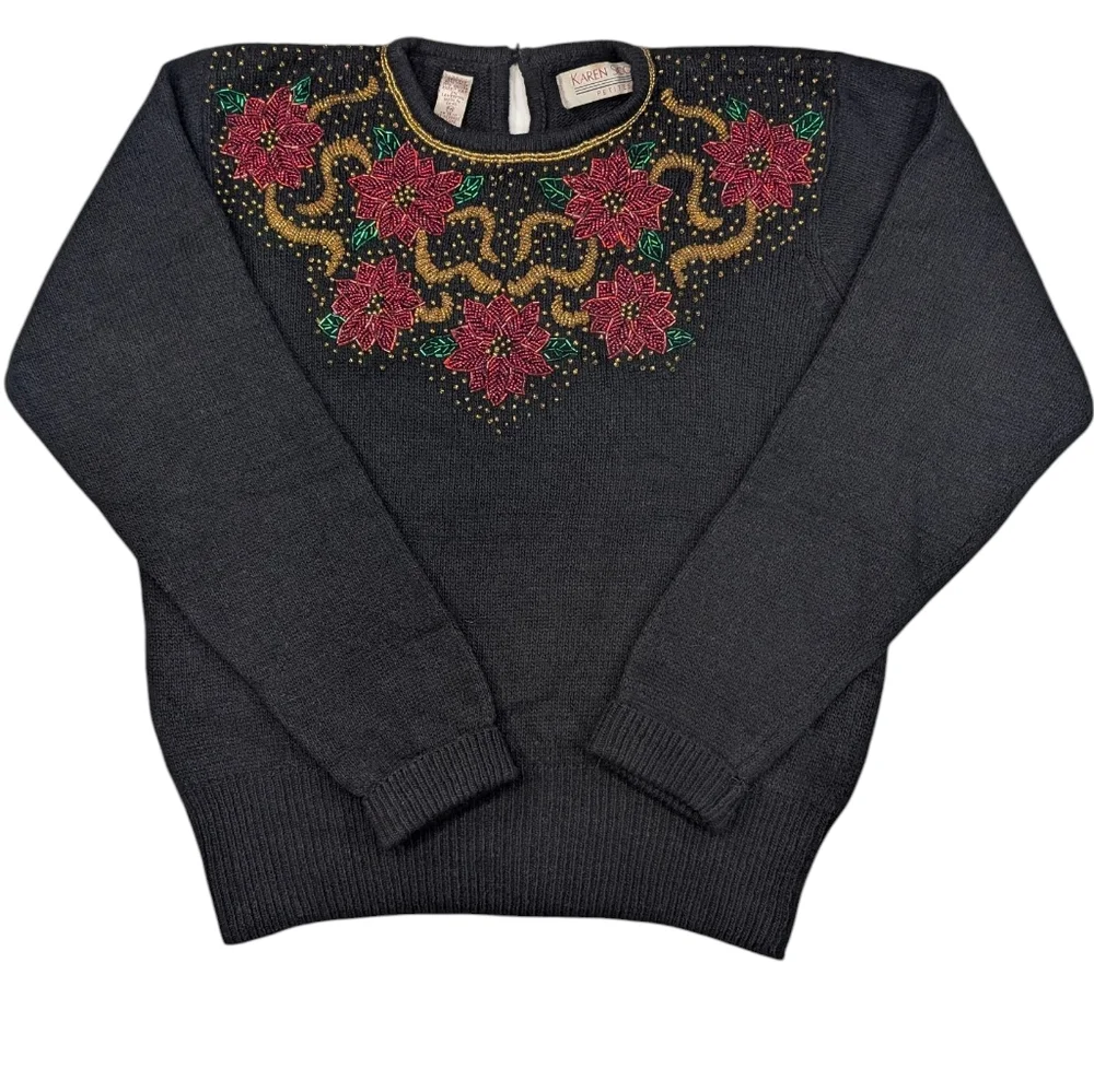 Vintage Karin Scott Petites beaded poinsettia Silk/Angora/Wool sweater. PMedium